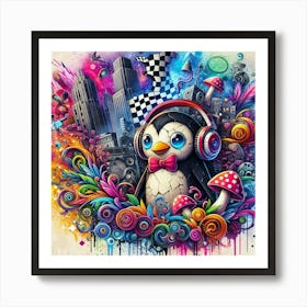Penguin With Headphones 5 Art Print