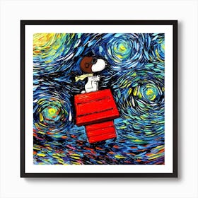 dog fly red house Starry Night Vincent Van Gogh Parody Art Print