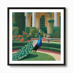 Peacocks in a Renaissance Garden Series. In Style of David Hockney Art Print