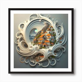 Mountain village sea waves tsunami 3 Art Print