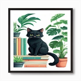 Black Cat On Books Art Print