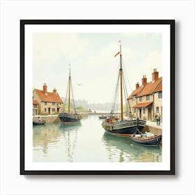 Watercolor Portrayal Of An English Fishing Village With Boats And Fishermen 1 Art Print