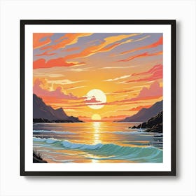 A Painting Of A Sunset With Seagulls Flying Above The Ocean (4) Art Print