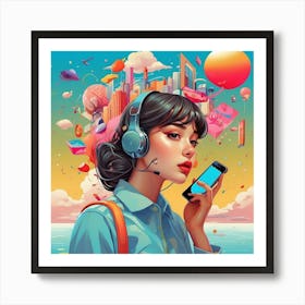 Girl In Headphones Art Print