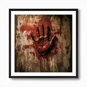 Bloody Handprint Smeared Across An Aged Wall Texture Of Dripping Blood Eerily Glistening Disturbin (4) Art Print