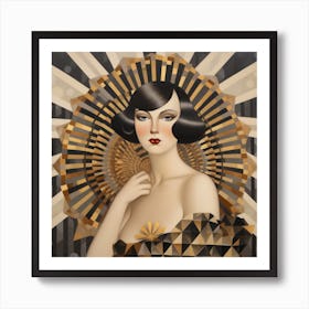 Art Deco portrait of a woman with a dramatic hairstyle, wearing a beaded dress and holding a fan Art Print