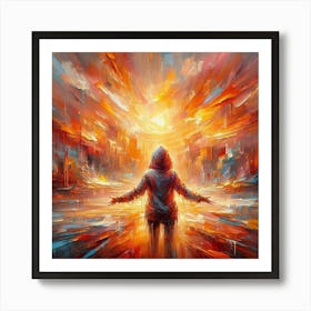 Abstract painting Of A Man In A City A stunning expressionist painting with a vibrant color palette dominated by orange, reds, and yellows. The thick, loose brushstrokes create a sense of movement and energy, with visible paint drips and spatters adding to the overall texture. The focal point is a young girl wearing a hoodie, her arms outstretched as if embracing the world. The background is a dreamlike, impressionistic landscape with distorted perspectives, showcasing a dynamic interplay of colors and shapes. The overall atmosphere is vivid, dynamic, and full of life... Art Print