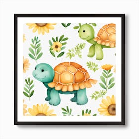 Floral Baby Turtle Nursery Illustration (22) Art Print