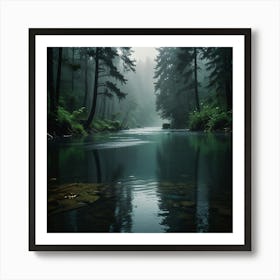 A Tranquil River Flowing Through A Dense Forest With Mist Rising From The Water Art Print