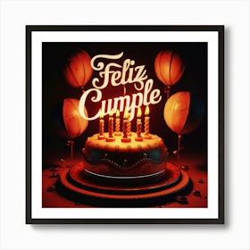 Feliz cumple and Feliz cumpleaños sign means Happy Birthday in Spanish language, Birthday party celebration gift with birthday cake candle colorful balloons best congratulation over light background wall artFeliz Cumple 2 Art Print