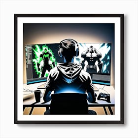 A Gamer Playing On The Computer Art Print