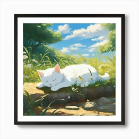 White Cat Sleeping In The Grass 5 Art Print
