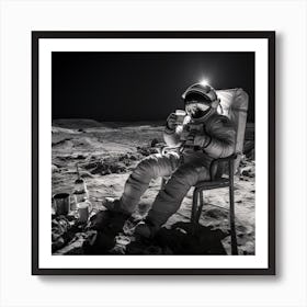 Black And White Photograph Of An Astronaut Drinking Coffee Art Print