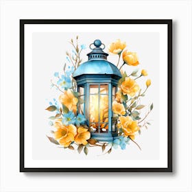 Blue Lantern With Yellow Flowers Art Print