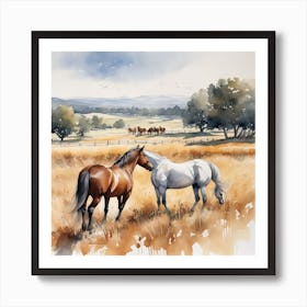 Watercolor Horses In The Field Art Print