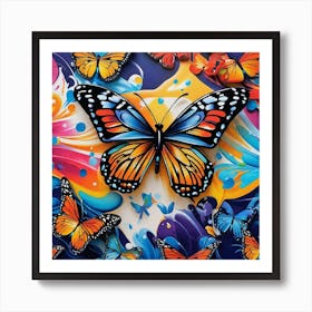 Butterflies On A Blue Background Art Print