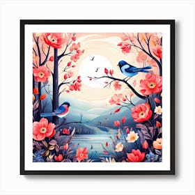 A Bright Toned Design With Flowers And Leaves Trees And Birds A Beautiful And Simple Picture That 296923191 (1) Art Print