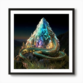 Firefly Dragon, Iridescent, Scales, Gemstones, Light, Reflection, Perched, Mountain, Peak, Mythical, (8) Art Print