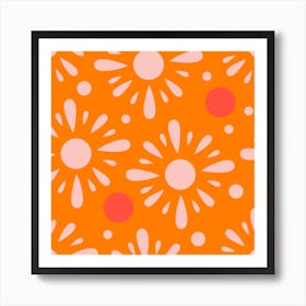 Light Pink Florals On Bright Orange Square Art Print