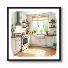 Elegant Kitchen Scene In Watercolor, Bright And Graceful 1 Art Print