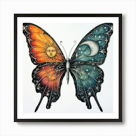 Celestial Butterfly Sun and Moon Symbolism in Day and Night Art Art Print