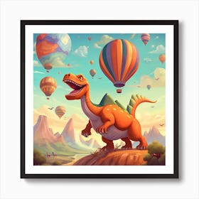 Cartoon Dinosaur With Hot Air Balloons Art Print