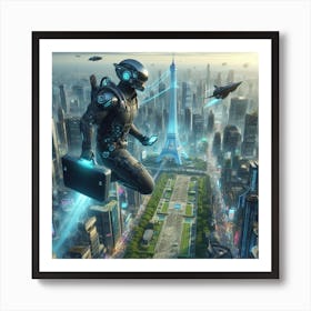 Futuristic Man Flying Over City Art Print