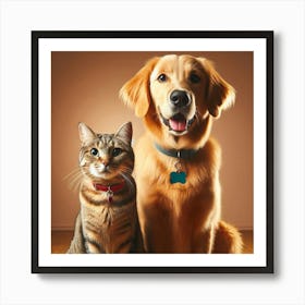 Golden Retriever And Cat Art Print