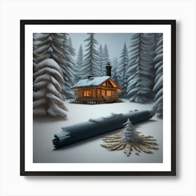 Small wooden hut inside a dense forest of pine trees with falling snow 8 Art Print