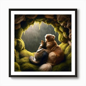 Cat and Dogs In A Cave Art Print