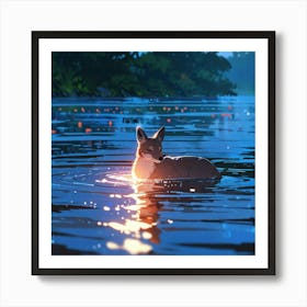 Fox In The Water Art Print