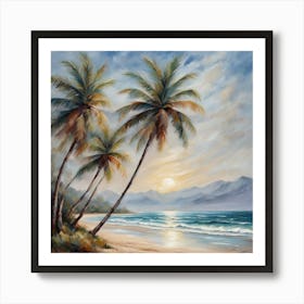 Palm Trees At Sunset, A Tranquil Beach Scene With Palm Trees And Gentle Waves art print Art Print