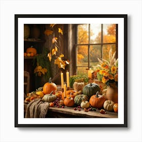 Autumn Harvest Celebration Captured In A Rustic Farmhouse Setting Pumpkins And Various Gourds Offer 2 1 Art Print