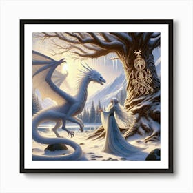 White Dragon and the fairy in white Art Print