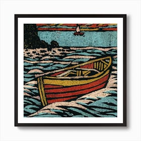 Oil painting of a boat in a body of water, woodcut, inspired by Gustav Baumann 6 Art Print