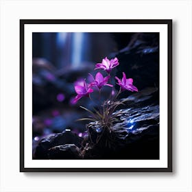 up close on a black rock in a mystical fairytale forest, alice in wonderland, mountain dew, fantasy, mystical forest, fairytale, beautiful, flower, purple pink and blue tones, dark yet enticing, Nikon Z8 2 Art Print