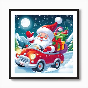 Santa Claus In A Car Full Of Christmas Gifts Illustration Art Print