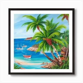 Beach Scene With Palm Trees 2 Art Print