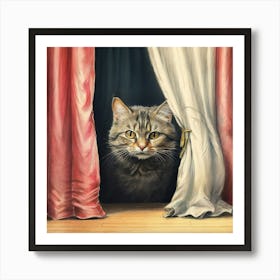 Cat Peeking Out Of Curtain Art Print