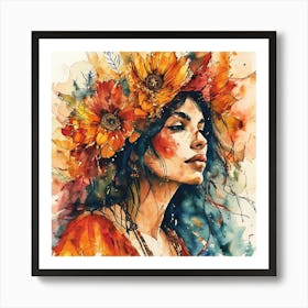 Bohemian Woman, Watercolor Of A Girl With Flowers Art Print