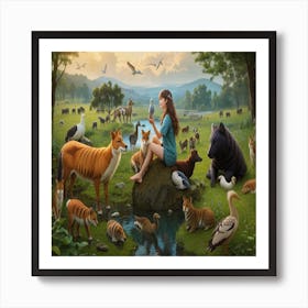 Girl And Animals Art Print