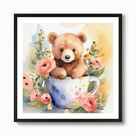 Watercolor Teddy Bear In A Cup style water color Art Print