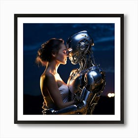 A Couple One Human And One Robotic Share A Tender Kiss Under The Soft Glow Of A Moonlit Sky Art Print