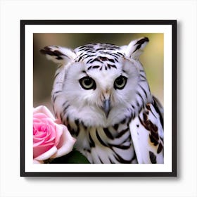 White Tiger Owl With Pink Roses 3 Art Print