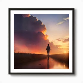 Person Standing In Puddle At Sunset Art Print