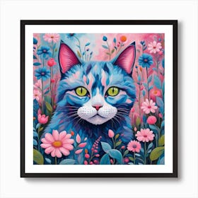 Blue Cat In Flowers Art Print