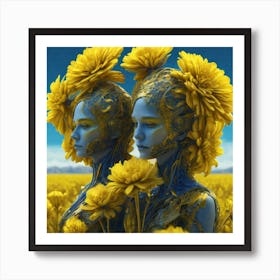 Two Women In A Field Of Yellow Flowers Art Print