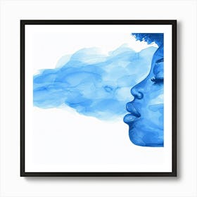 Blue Watercolor Girl Blowing Smoke Art Print