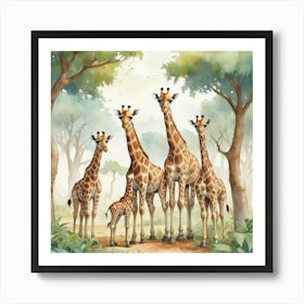 Cute Giraffe Herd Under The Trees Illustration 1 Art Print 3 Art Print