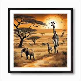 Giraffes And Elephants Art Print